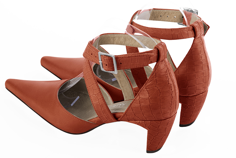 Terracotta orange women's open side shoes, with crossed straps. Pointed toe. Medium comma heels. Rear view - Florence KOOIJMAN